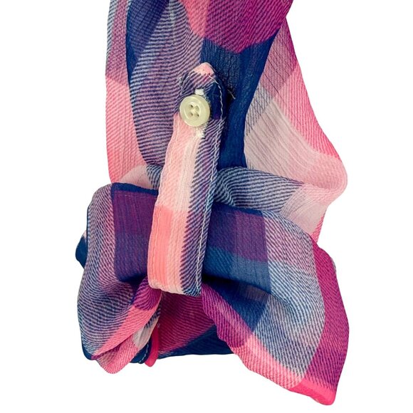Hollister 2016 Pink & Blue Sheer Plaid Button-Up & Roll Cuffs Casual Relaxed Top - Picture 3 of 13